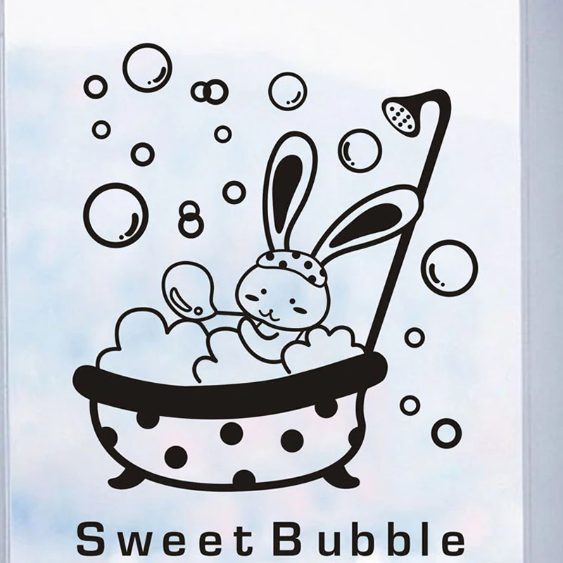 Douche Porte en Verre Stickers Cartoon Animal Lapin Sweet Bulle Mur Imperméable